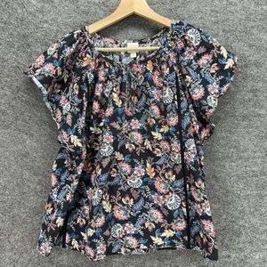 Roan & Ryan Blouse Women XL Black Floral SHort Sleeve Round Neck Cotton Casual